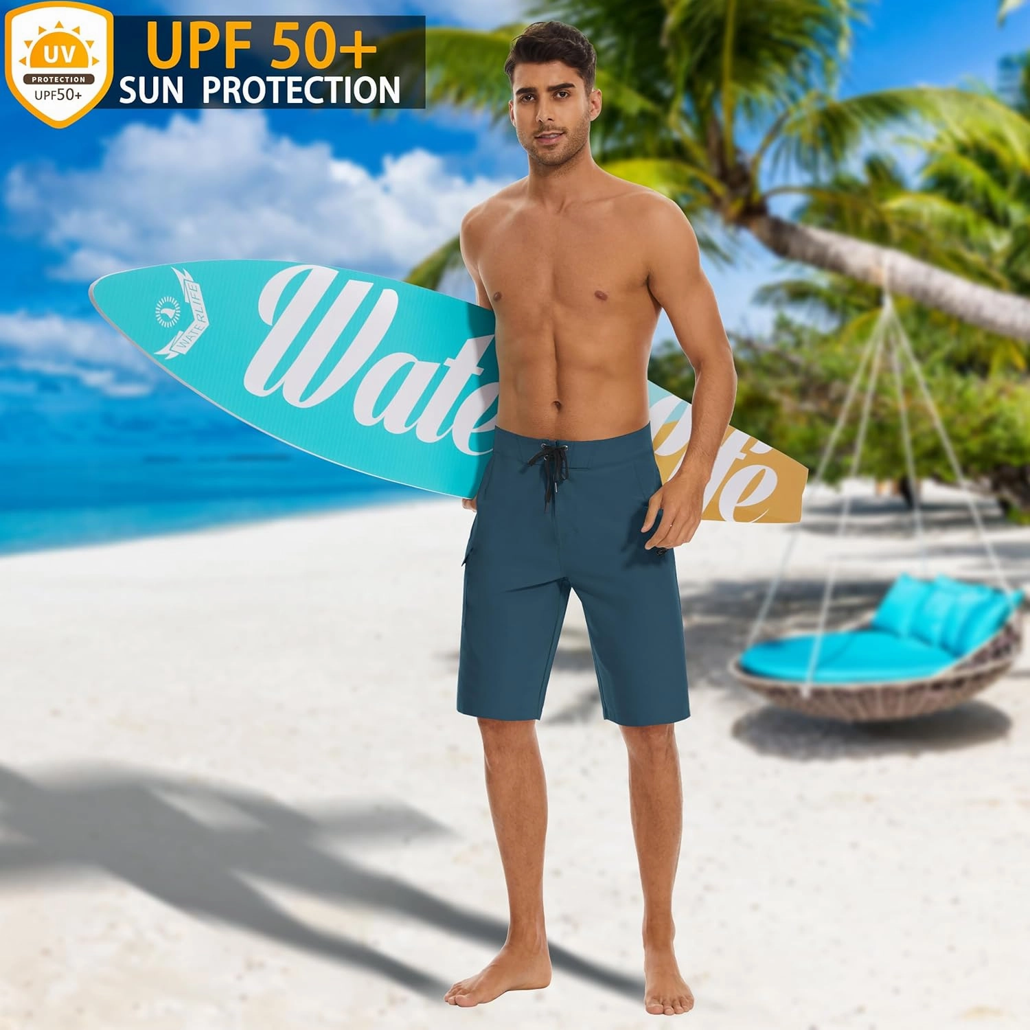 22" Men's Board Shorts Swimwear No Mesh Lining - Long Swim Trunks Surf Shorts Bathing Suit with Zipper Pocket UPF50 