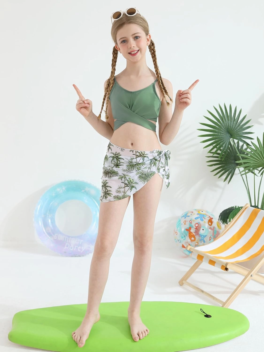 3 Pieces Girls Swimsuits Bikini Set Tropical Print Bikini Set Criss Cross Bathing Suit with Cover Up Skirt for Kids