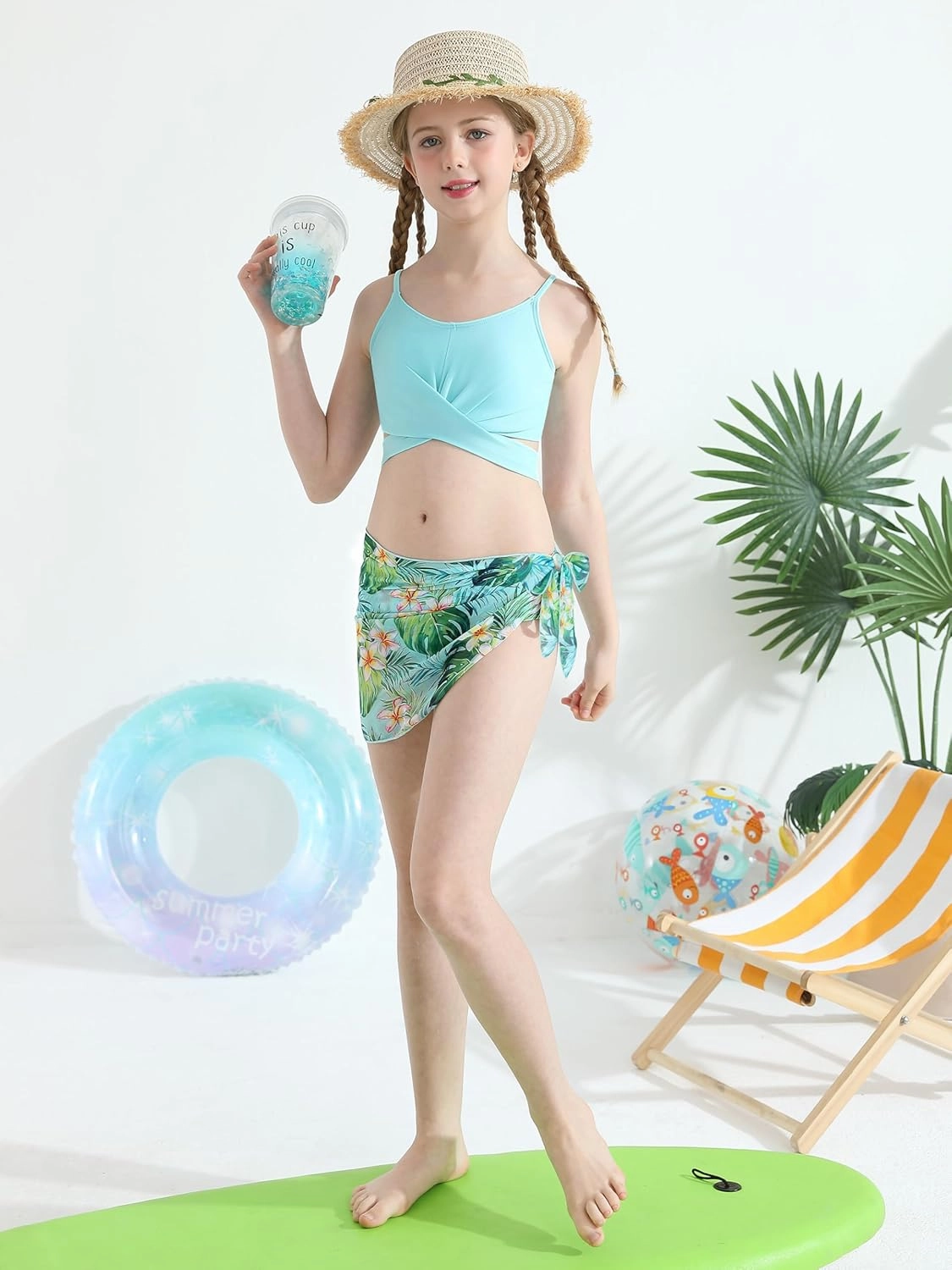 3 Pieces Girls Swimsuits Bikini Set Tropical Print Bikini Set Criss Cross Bathing Suit with Cover Up Skirt for Kids