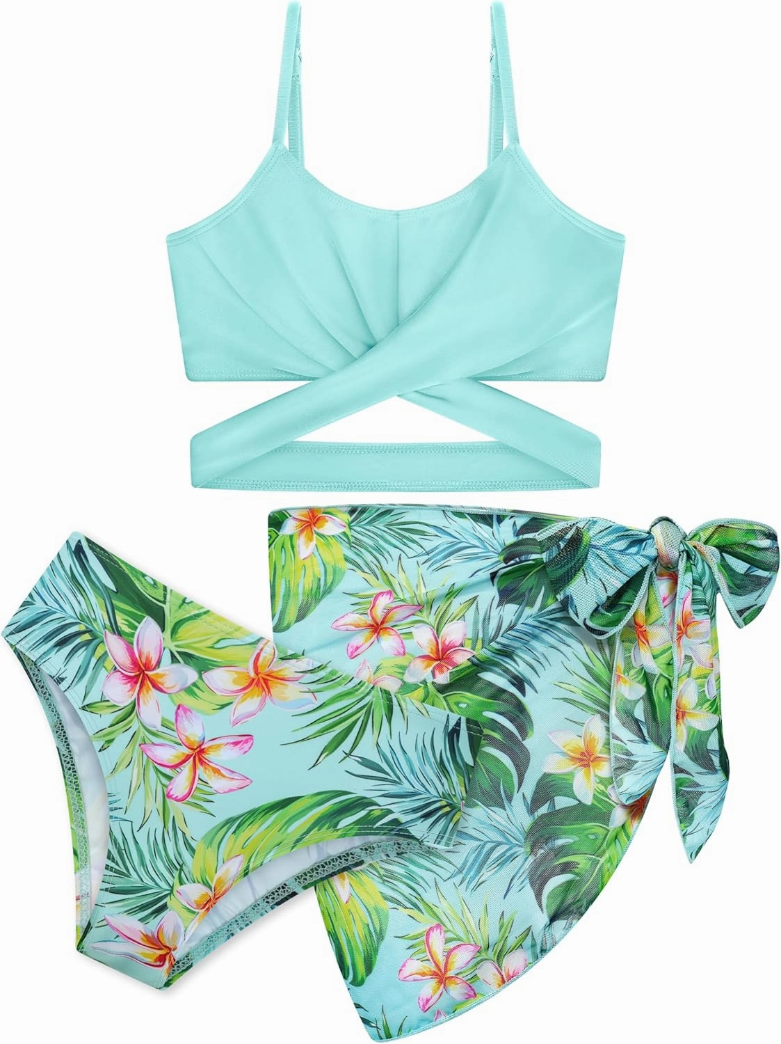 3 Pieces Girls Swimsuits Bikini Set Tropical Print Bikini Set Criss Cross Bathing Suit with Cover Up Skirt for Kids