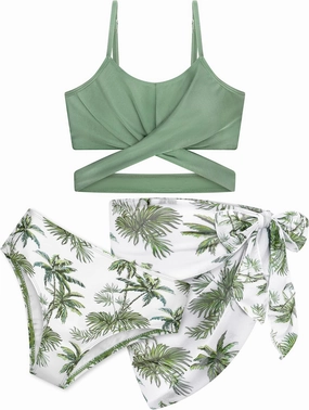 3 Pieces Girls Swimsuits Bikini Set Tropical Print Bikini Set Criss Cross Bathing Suit with Cover Up Skirt for Kids