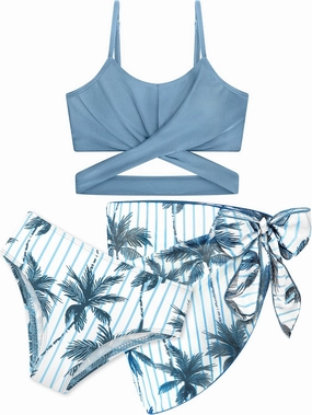 3 Pieces Girls Swimsuits Bikini Set Tropical Print Bikini Set Criss Cross Bathing Suit with Cover Up Skirt for Kids