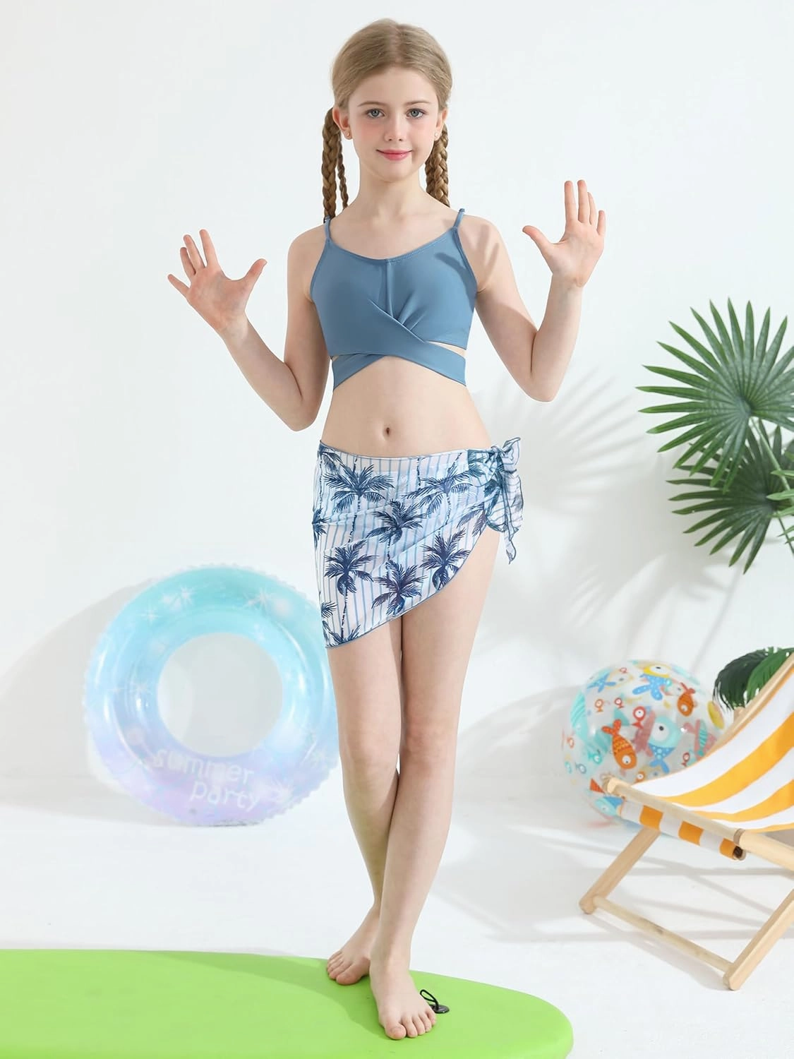 3 Pieces Girls Swimsuits Bikini Set Tropical Print Bikini Set Criss Cross Bathing Suit with Cover Up Skirt for Kids