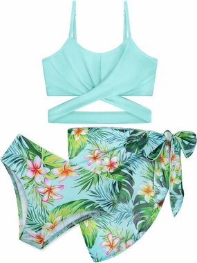 3 Pieces Girls Swimsuits Bikini Set Tropical Print Bikini Set Criss Cross Bathing Suit with Cover Up Skirt for Kids