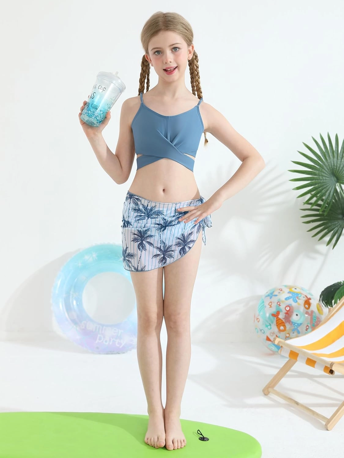 3 Pieces Girls Swimsuits Bikini Set Tropical Print Bikini Set Criss Cross Bathing Suit with Cover Up Skirt for Kids