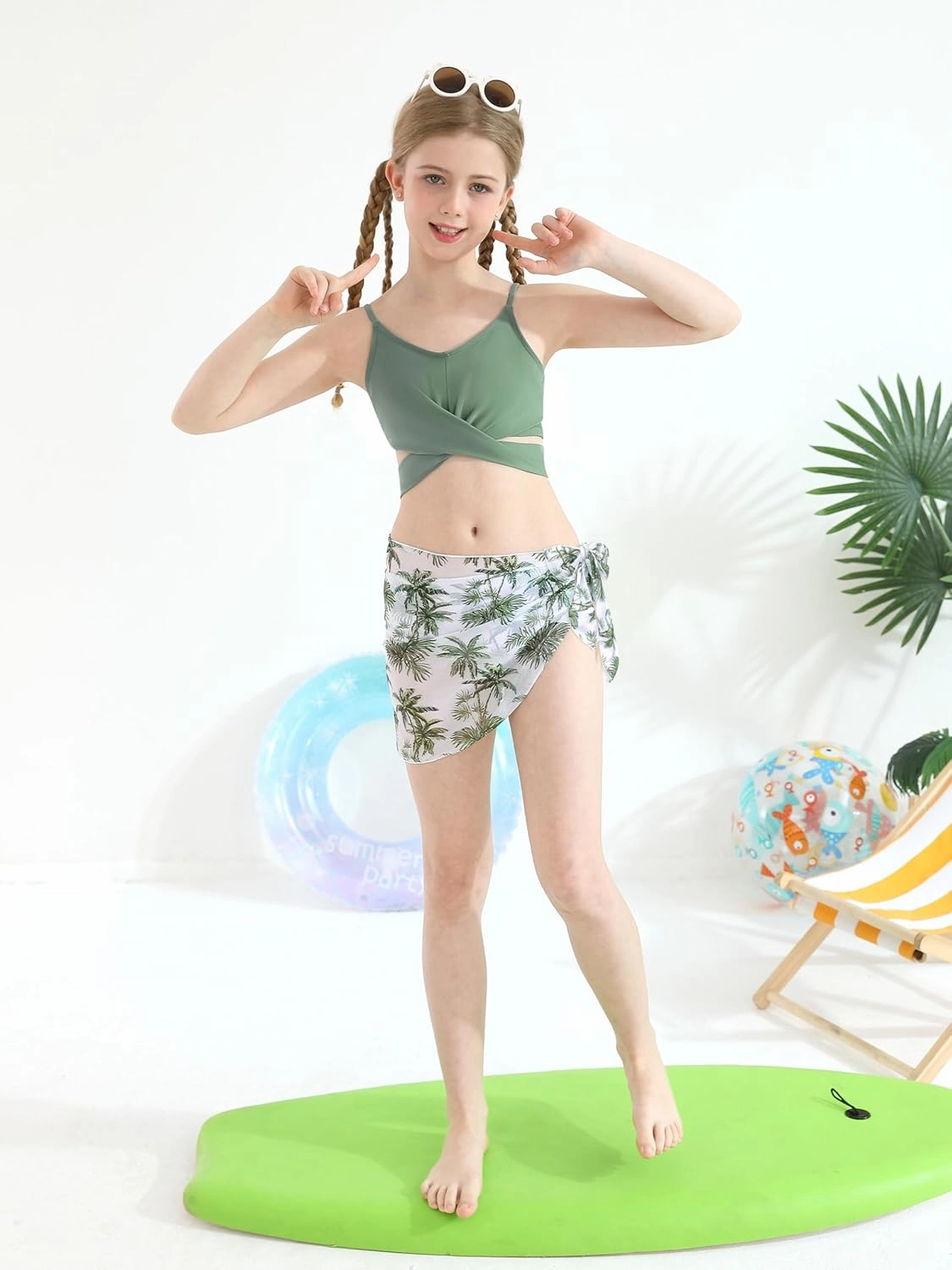 3 Pieces Girls Swimsuits Bikini Set Tropical Print Bikini Set Criss Cross Bathing Suit with Cover Up Skirt for Kids