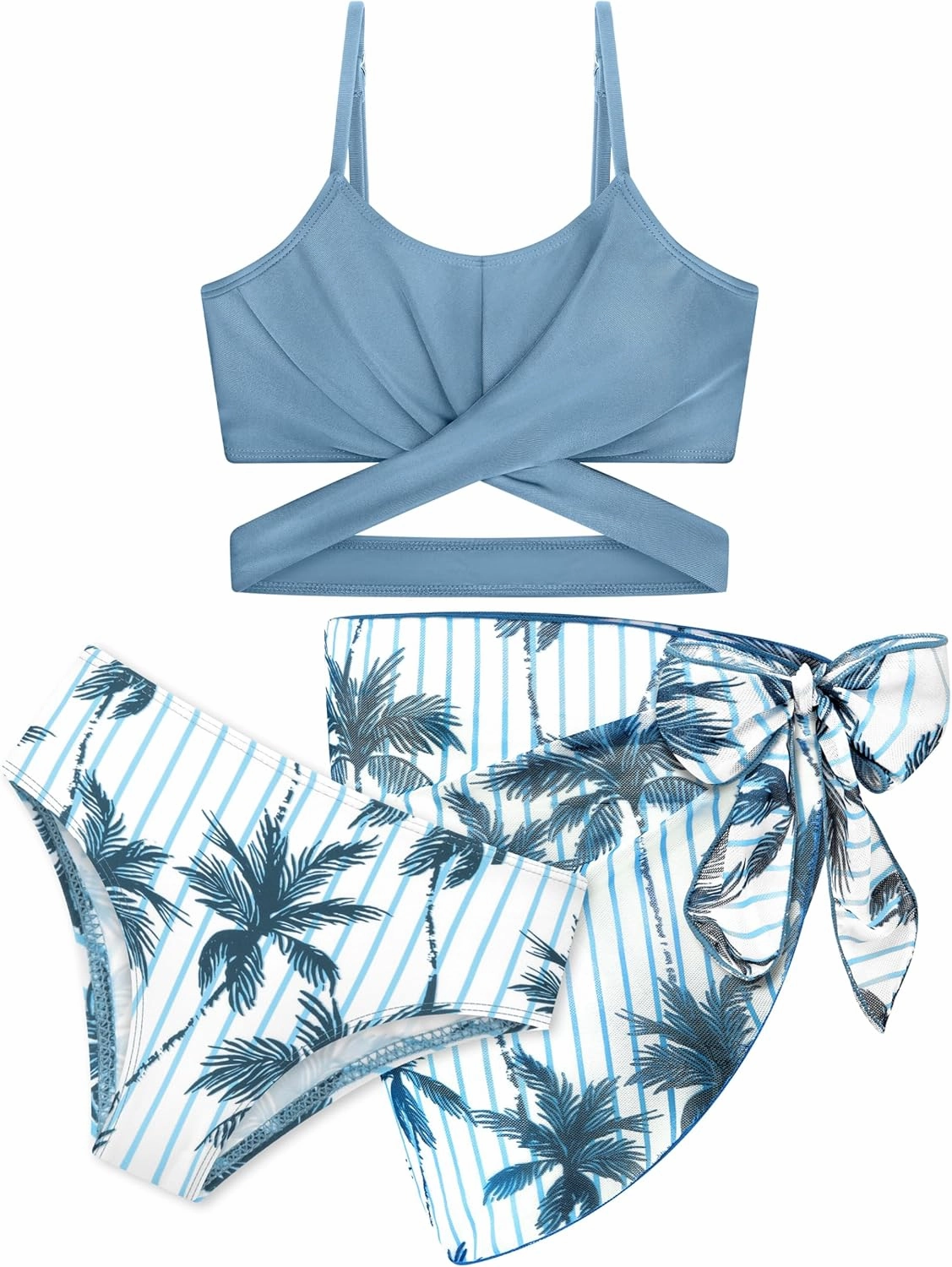 3 Pieces Girls Swimsuits Bikini Set Tropical Print Bikini Set Criss Cross Bathing Suit with Cover Up Skirt for Kids