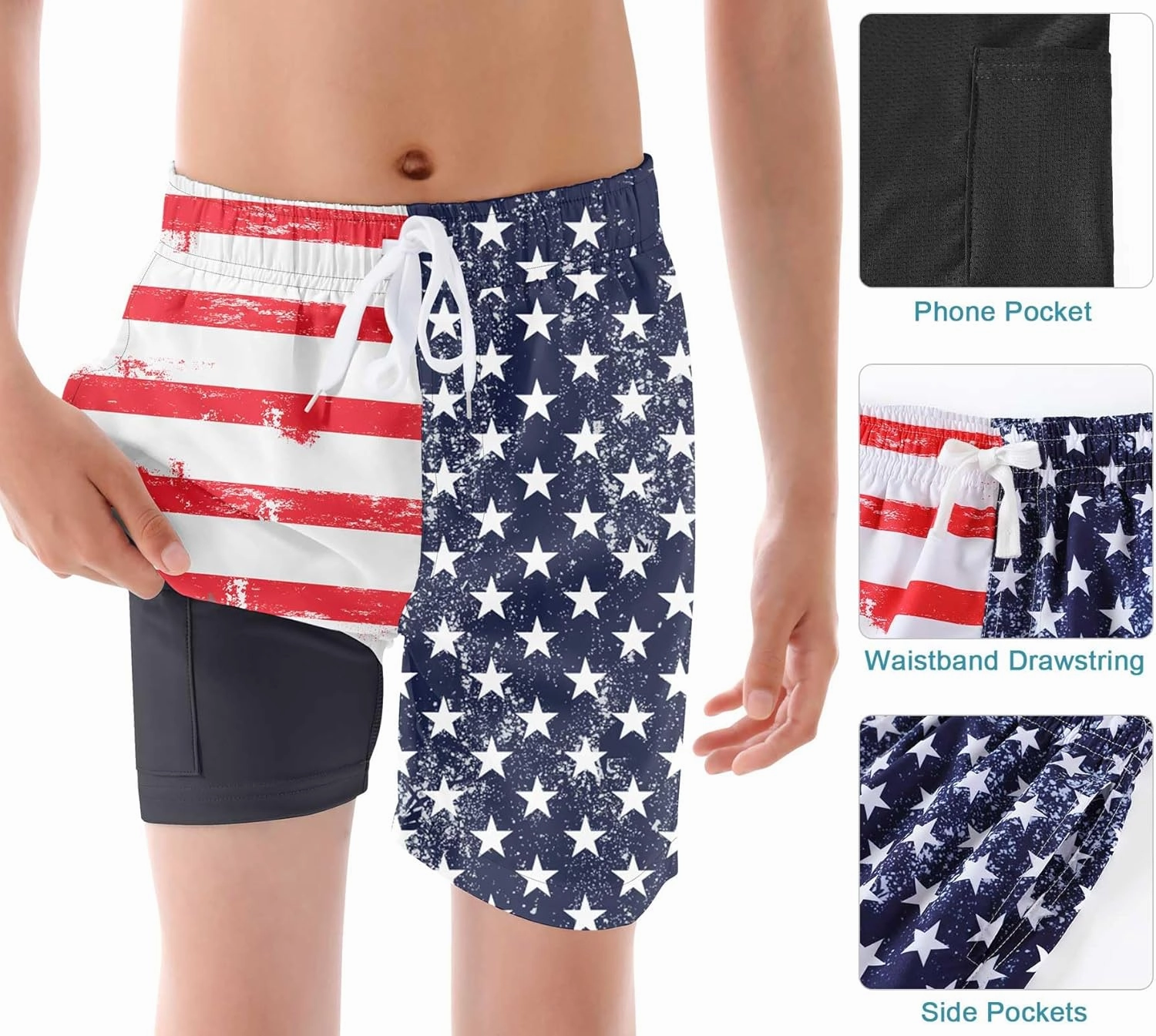 6-20T Boys Swimming Trunks 2 in 1 Bathing Suit Quick Dry Board Shorts