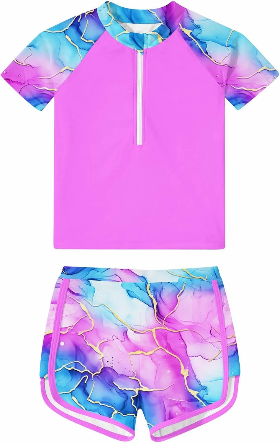 7-12 Years Girls Rash Guard Swimsuits 2 Piece Zipper Bathing Suit Set Kids Short Sleeve Swimwear with Sports Shorts