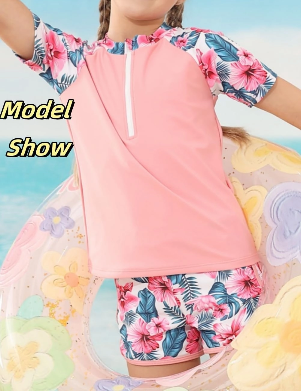7-12 Years Girls Rash Guard Swimsuits 2 Piece Zipper Bathing Suit Set Kids Short Sleeve Swimwear with Sports Shorts