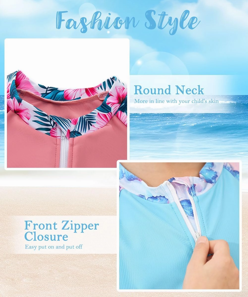 7-12 Years Girls Rash Guard Swimsuits 2 Piece Zipper Bathing Suit Set Kids Short Sleeve Swimwear with Sports Shorts