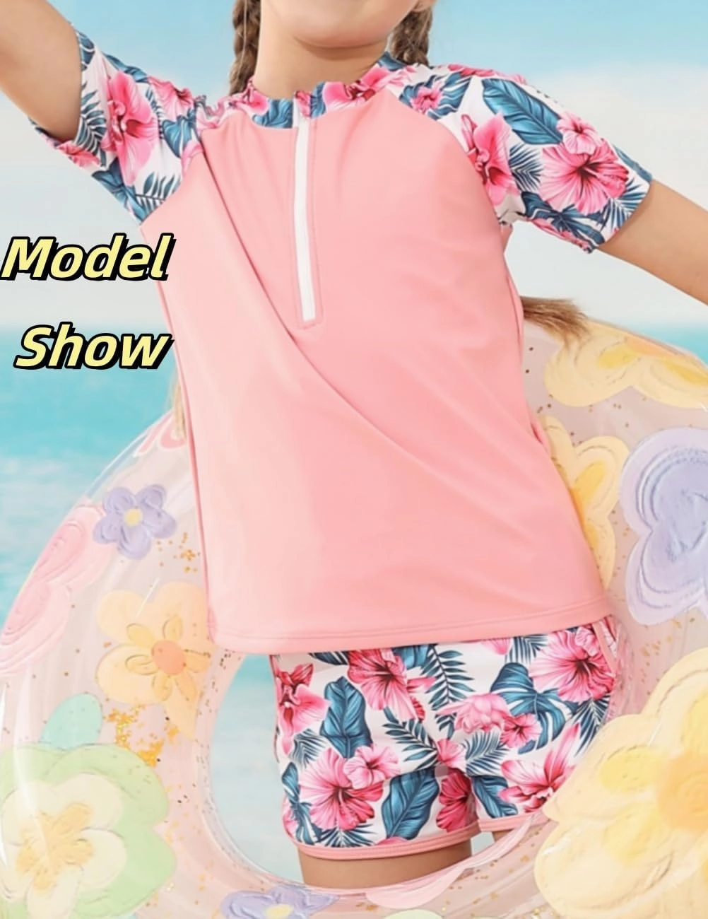 7-12 Years Girls Rash Guard Swimsuits 2 Piece Zipper Bathing Suit Set Kids Short Sleeve Swimwear with Sports Shorts