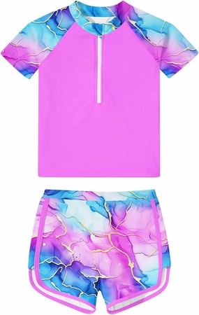 7-12 Years Girls Rash Guard Swimsuits 2 Piece Zipper Bathing Suit Set Kids Short Sleeve Swimwear with Sports Shorts