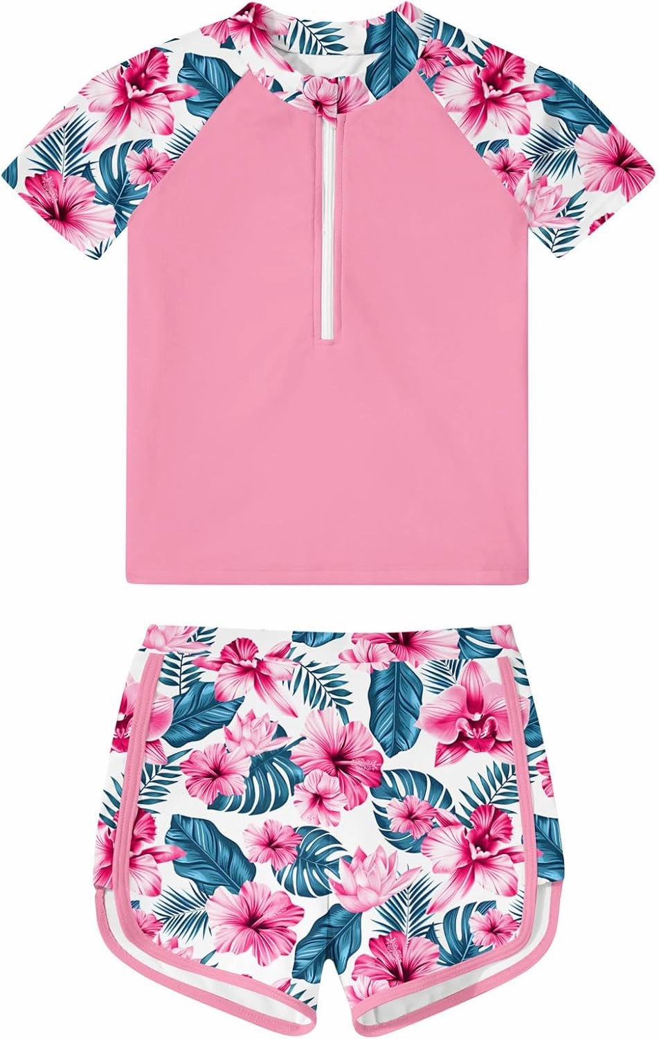 7-12 Years Girls Rash Guard Swimsuits 2 Piece Zipper Bathing Suit Set Kids Short Sleeve Swimwear with Sports Shorts