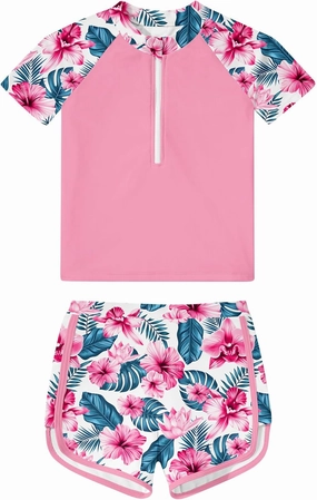 7-12 Years Girls Rash Guard Swimsuits 2 Piece Zipper Bathing Suit Set Kids Short Sleeve Swimwear with Sports Shorts