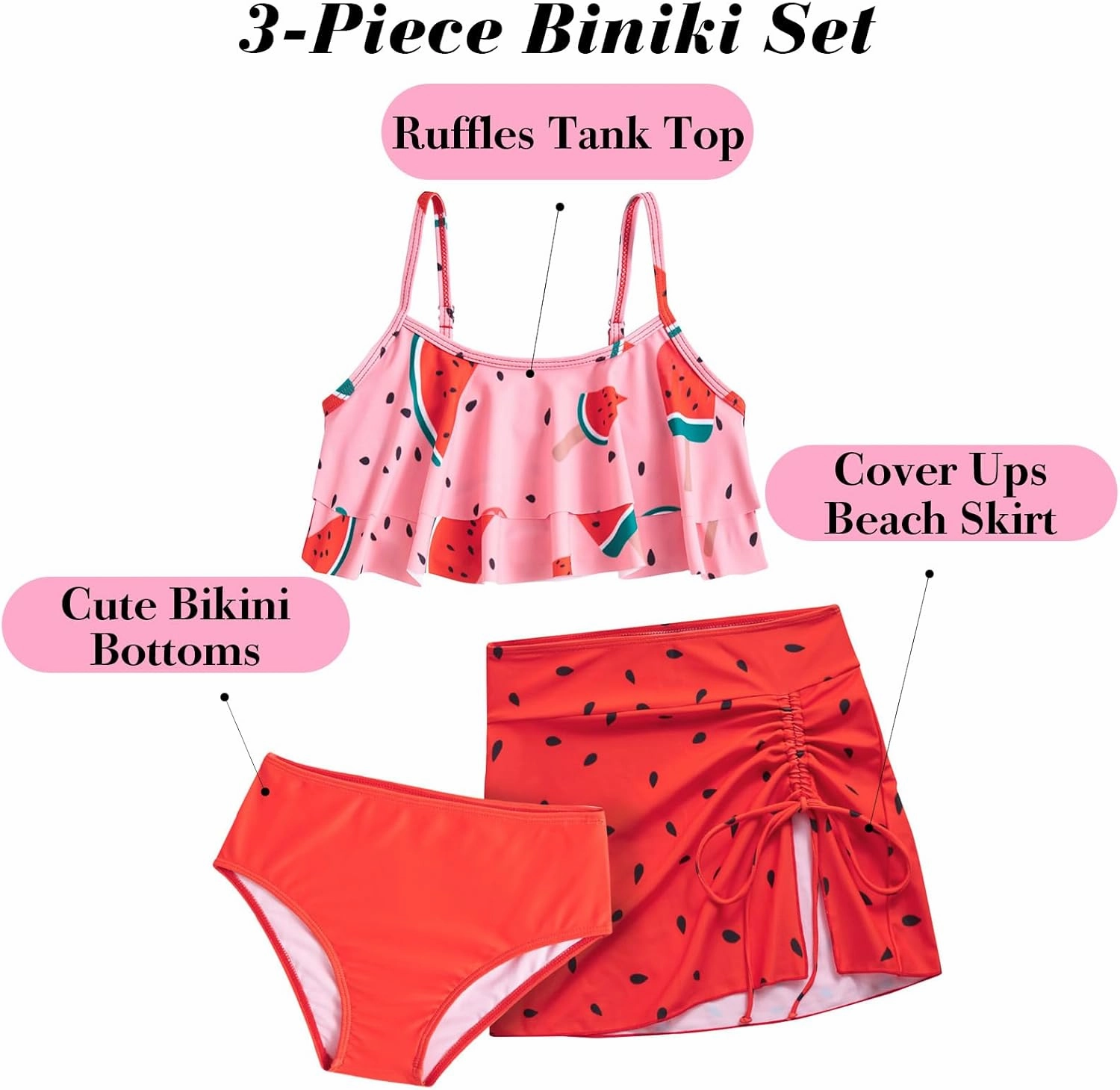 ADUKIDE Kids Girls Bathing Suit Cute 3 Piece Swimsuit Ruffle Sling Bikini Size 7-12T