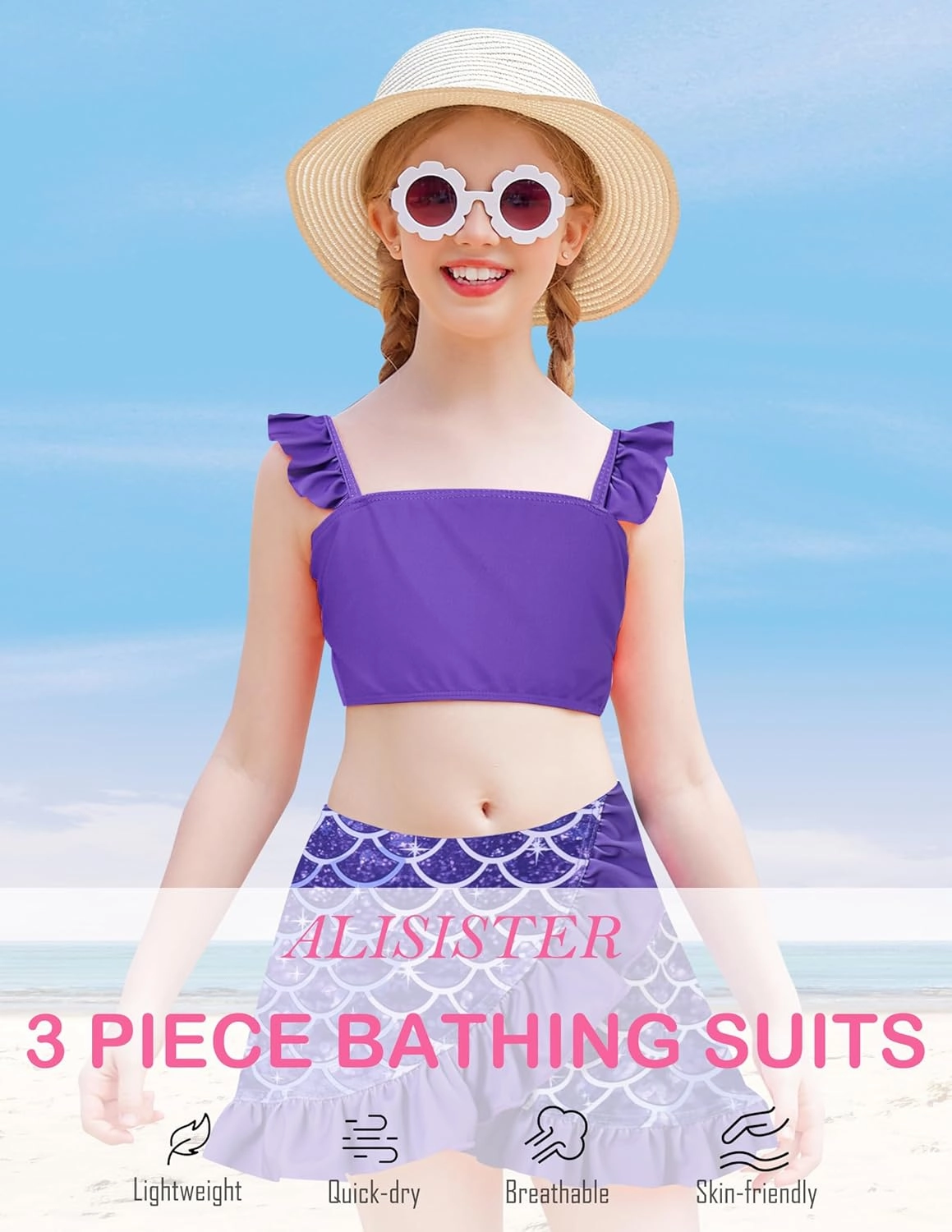 ALISISTER Girls Bathing Suits 3 Piece Swimsuit Summer Bikini Tankini Sets with Cover Up Skirt for 5-12 Years