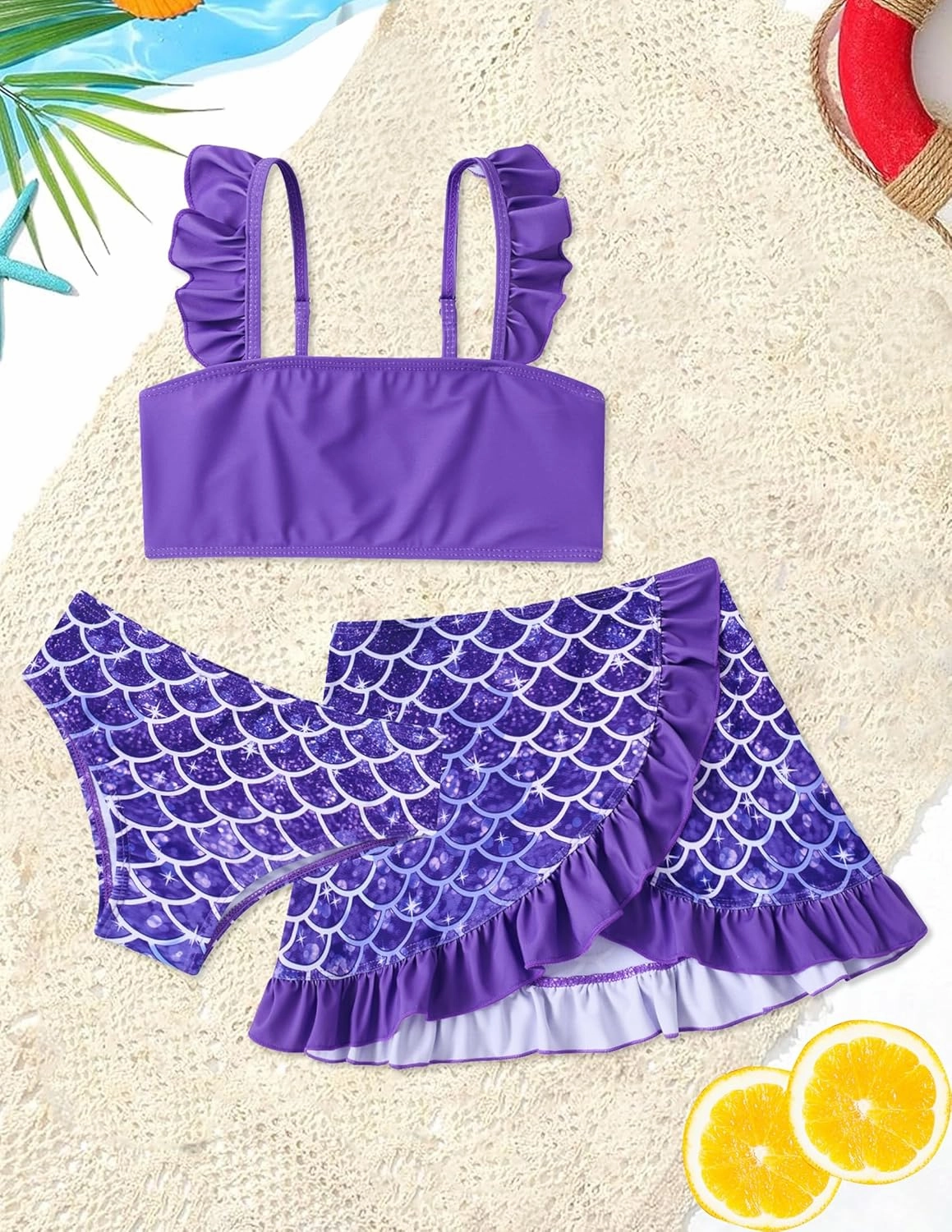 ALISISTER Girls Bathing Suits 3 Piece Swimsuit Summer Bikini Tankini Sets with Cover Up Skirt for 5-12 Years
