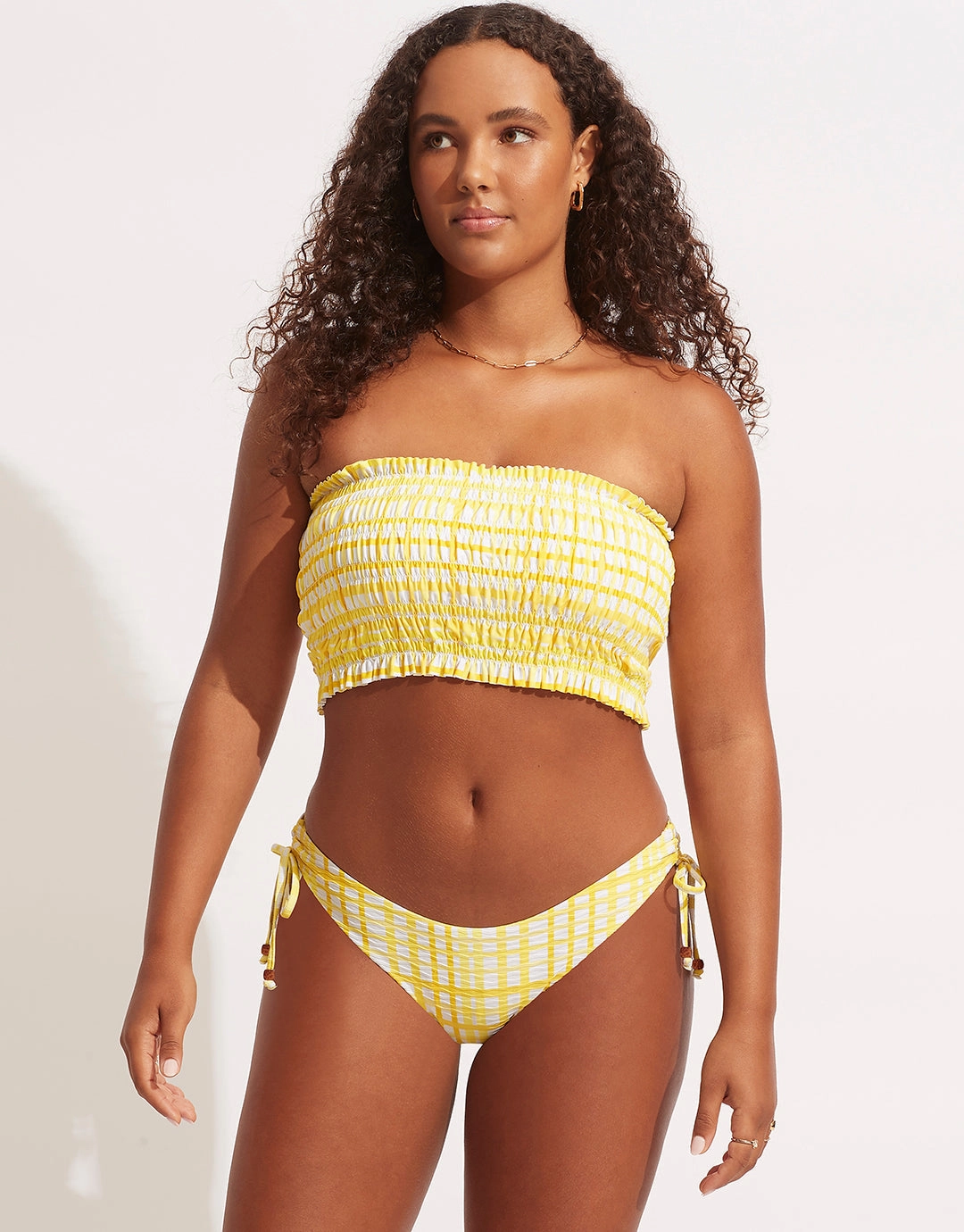 Amalfi Check Shirred Longline Bandeau Bikini Top - Lime Light