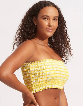 Amalfi Check Shirred Longline Bandeau Bikini Top - Lime Light