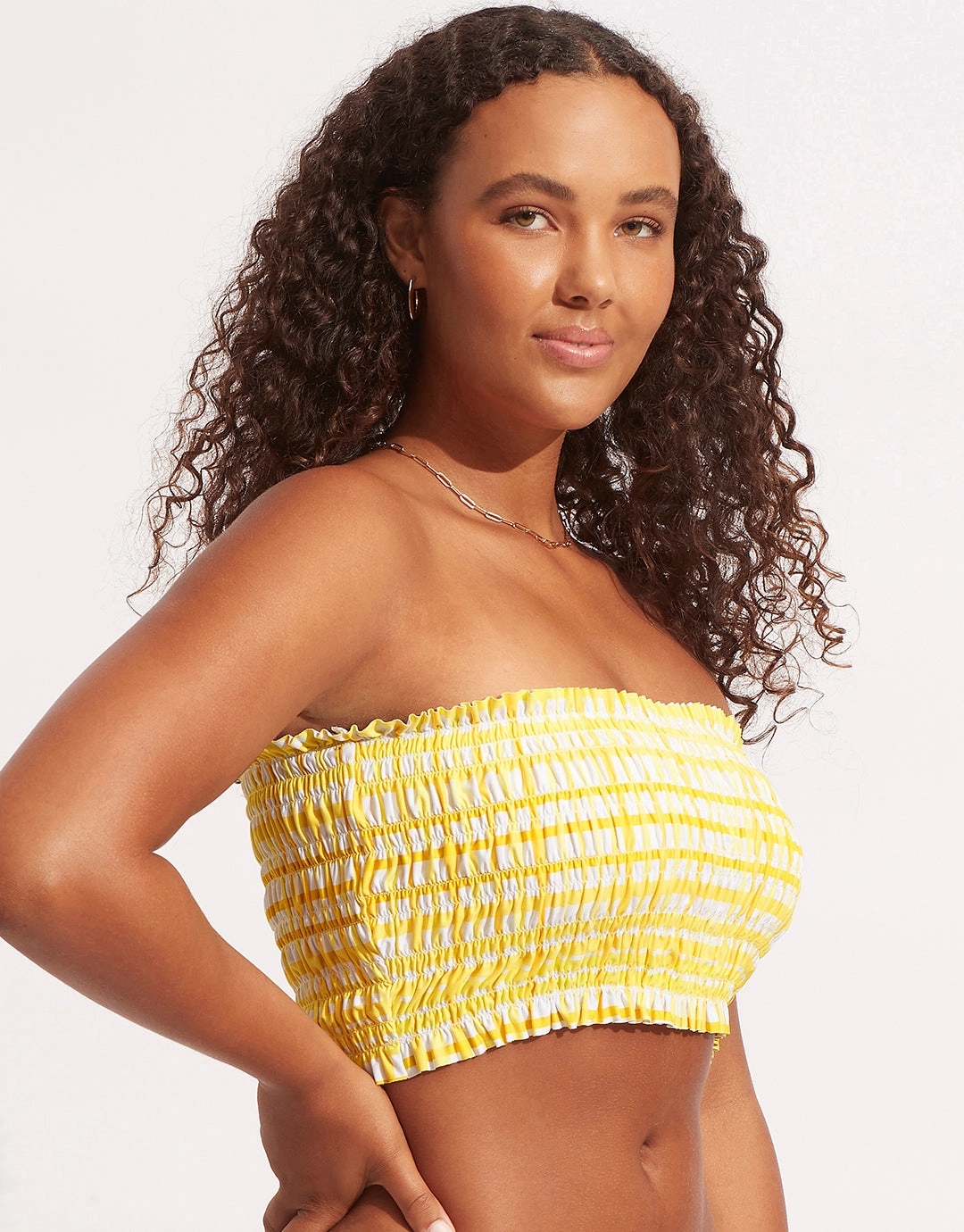 Amalfi Check Shirred Longline Bandeau Bikini Top - Lime Light