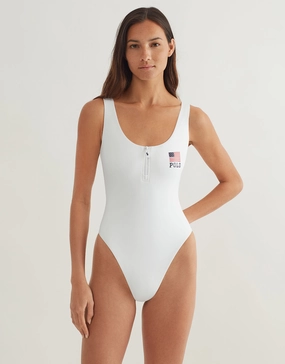Americana Zipper Scoop Tank Swimsuit - White