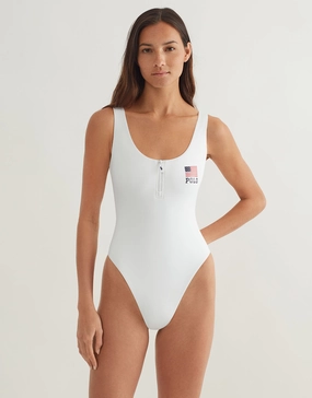 Americana Zipper Scoop Tank Swimsuit - White