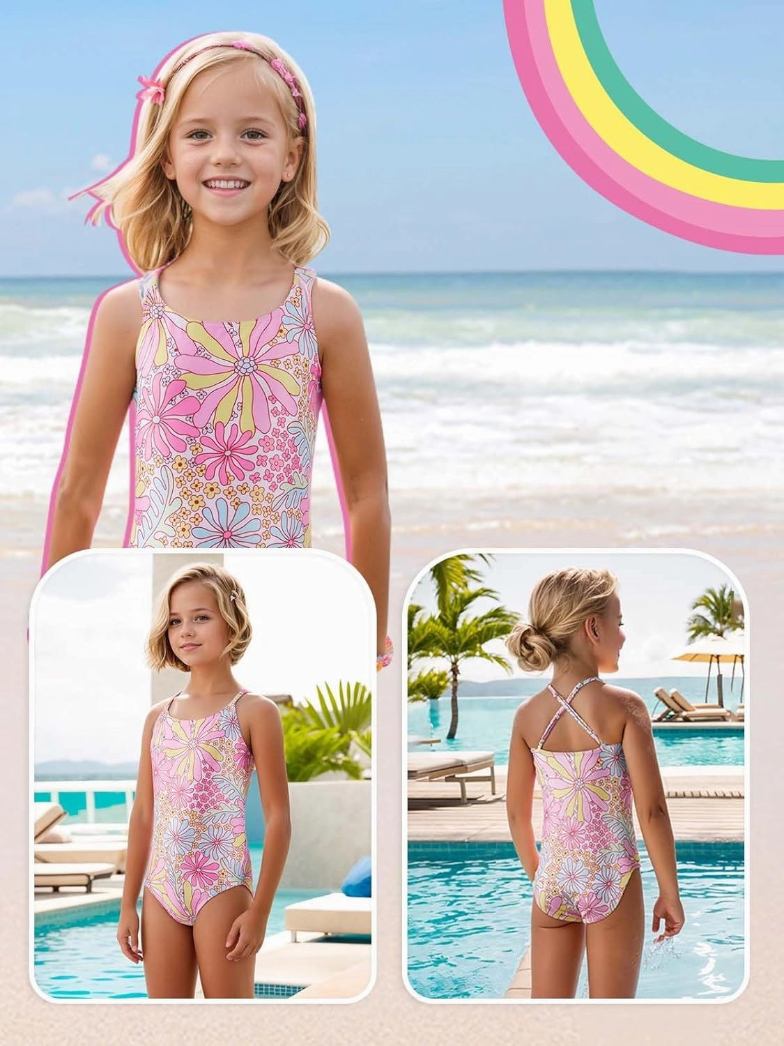 Angel season Girls One Piece Swimsuits Teens Bathing Suit Straps Kids Cute Swimwear with UPF 50  Daisy Halter Size 7-14