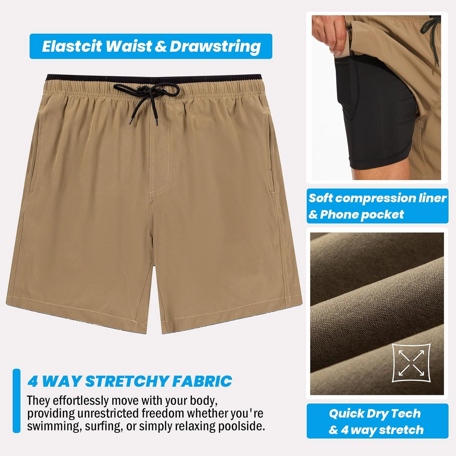 Aueyan Mens Swim Trunks with Compression Liner 7 inch Quick Dry Beach Board Shorts