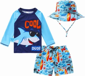 Baby-Boys Toddler Long Sleeved Rashguard Swim Bathing Suit and Sun Hat Set