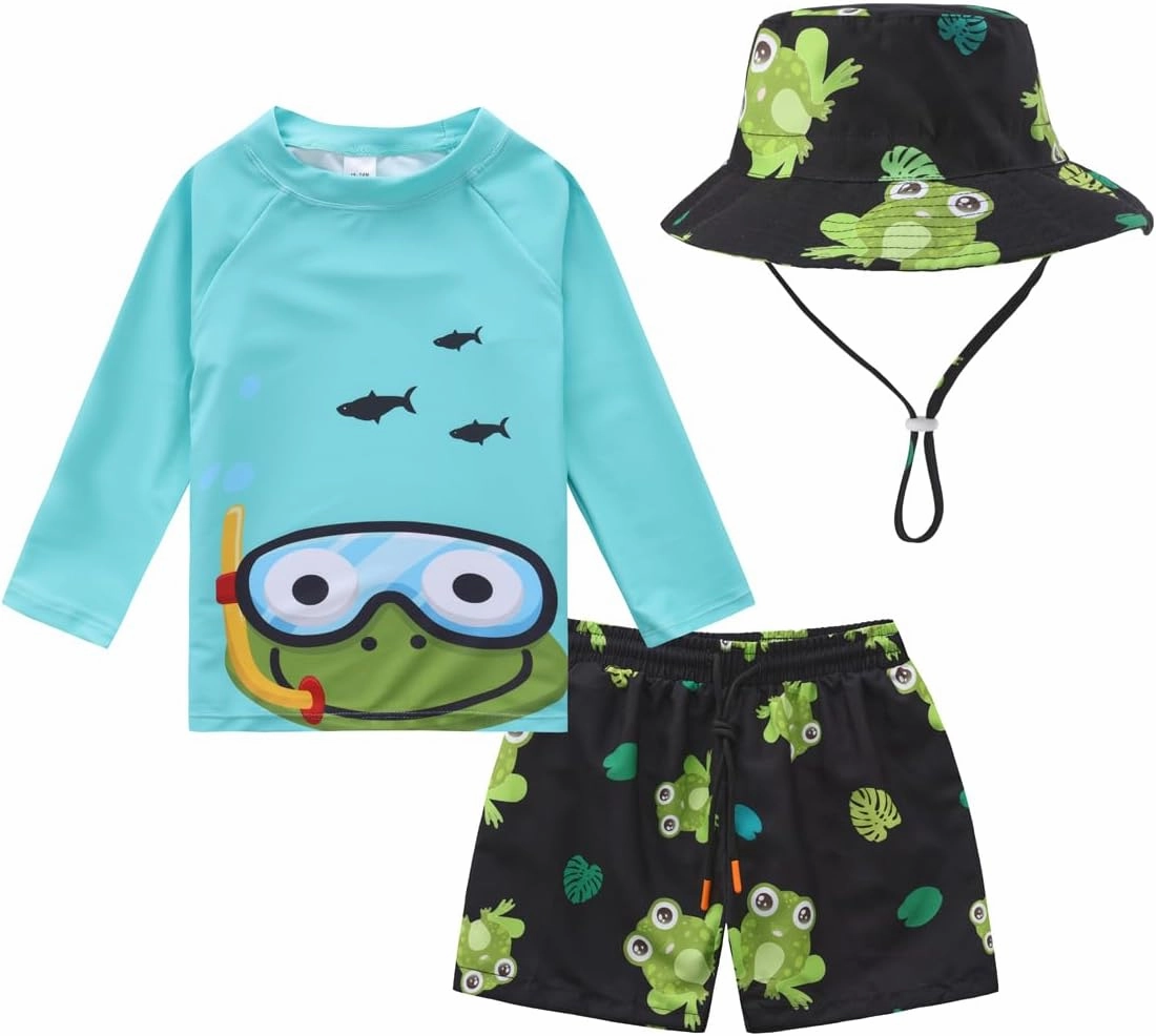 Baby-Boys Toddler Long Sleeved Rashguard Swim Bathing Suit and Sun Hat Set