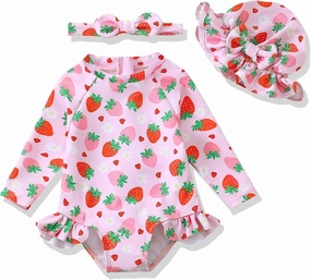 Baby Girl Swimsuit Long Sleeve One-Piece Swimwear with Hat Rash Guard Ruffle Floral Zipper Beach Infant Bathing Suit