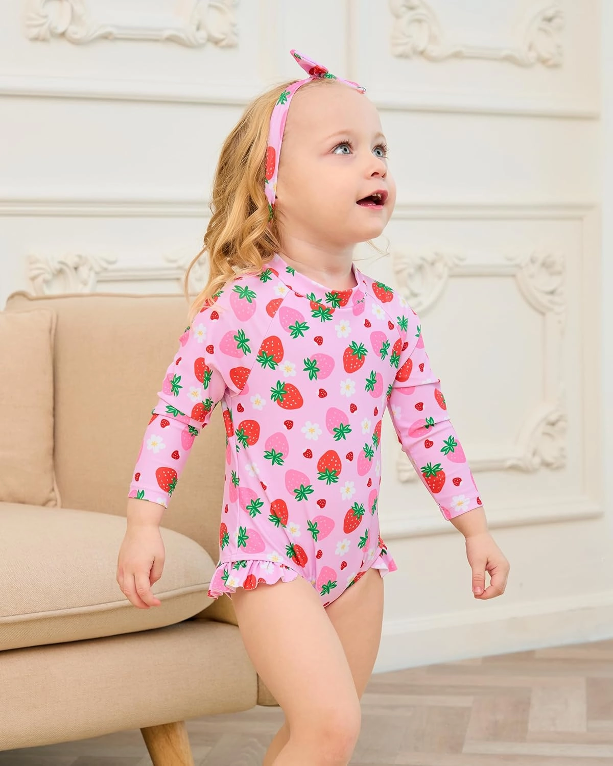 Baby Girl Swimsuit Long Sleeve One-Piece Swimwear with Hat Rash Guard Ruffle Floral Zipper Beach Infant Bathing Suit