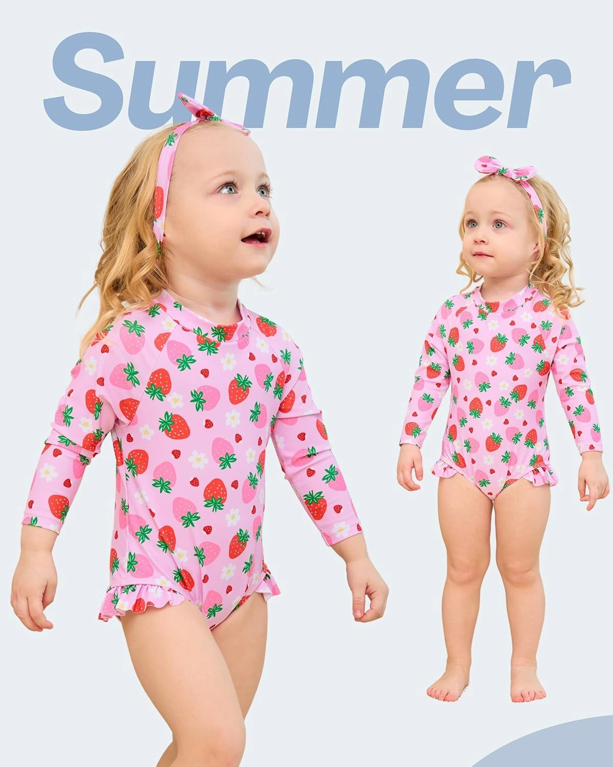 Baby Girl Swimsuit Long Sleeve One-Piece Swimwear with Hat Rash Guard Ruffle Floral Zipper Beach Infant Bathing Suit