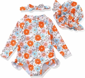 Baby Girl Swimsuit Long Sleeve One-Piece Swimwear with Hat Rash Guard Ruffle Floral Zipper Beach Infant Bathing Suit
