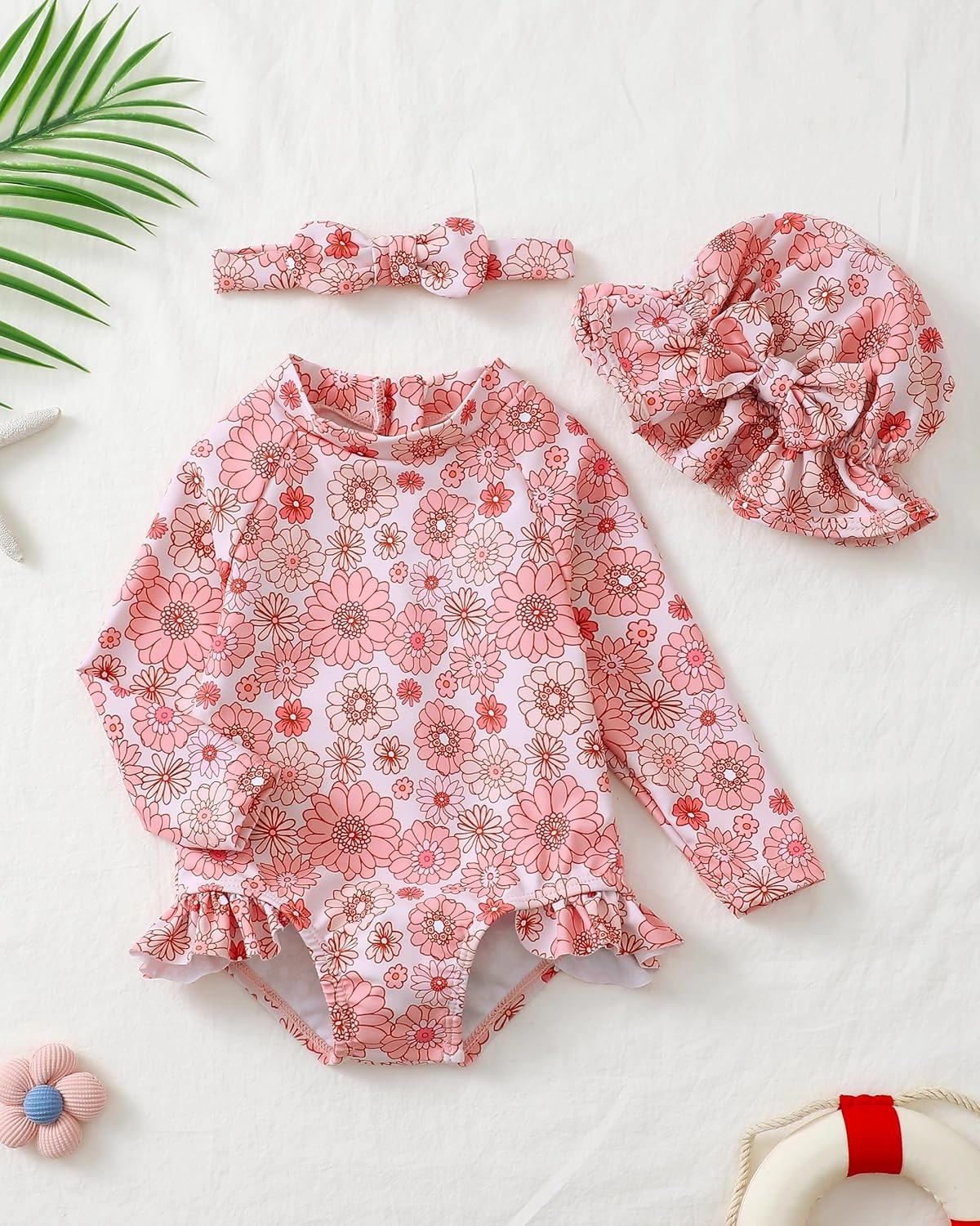 Baby Girl Swimsuit Long Sleeve One-Piece Swimwear with Hat Rash Guard Ruffle Floral Zipper Beach Infant Bathing Suit
