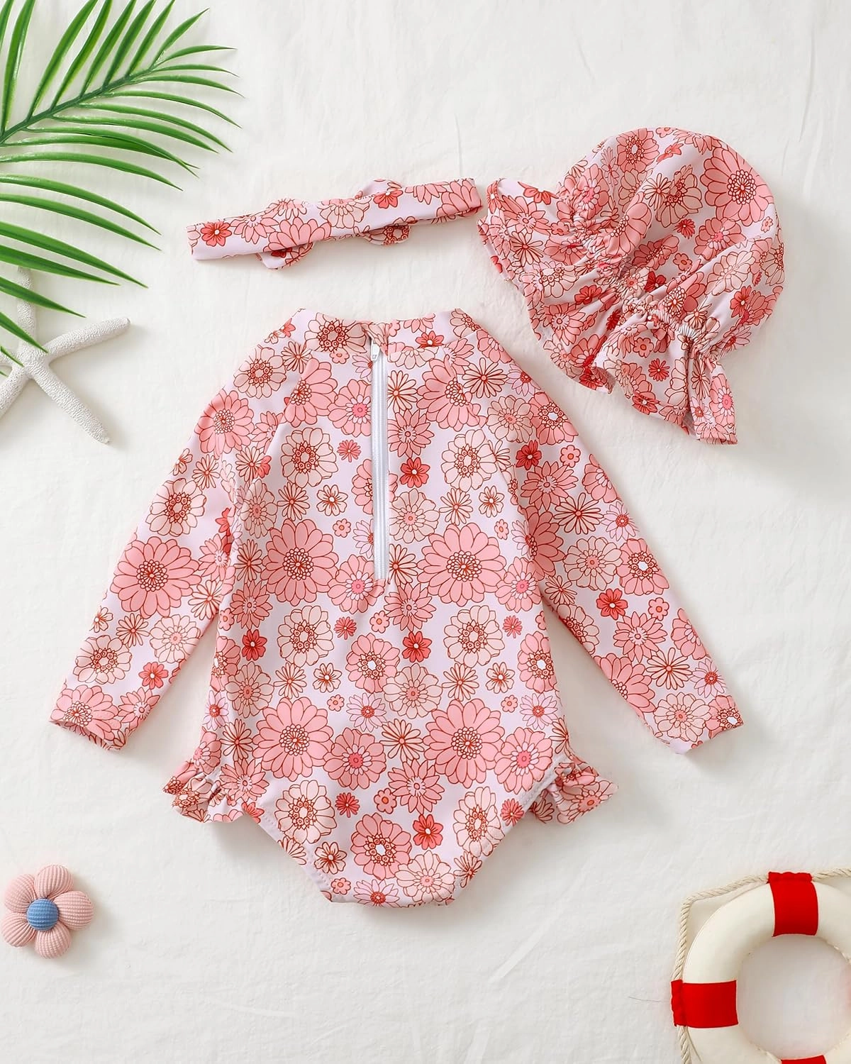Baby Girl Swimsuit Long Sleeve One-Piece Swimwear with Hat Rash Guard Ruffle Floral Zipper Beach Infant Bathing Suit