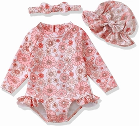Baby Girl Swimsuit Long Sleeve One-Piece Swimwear with Hat Rash Guard Ruffle Floral Zipper Beach Infant Bathing Suit