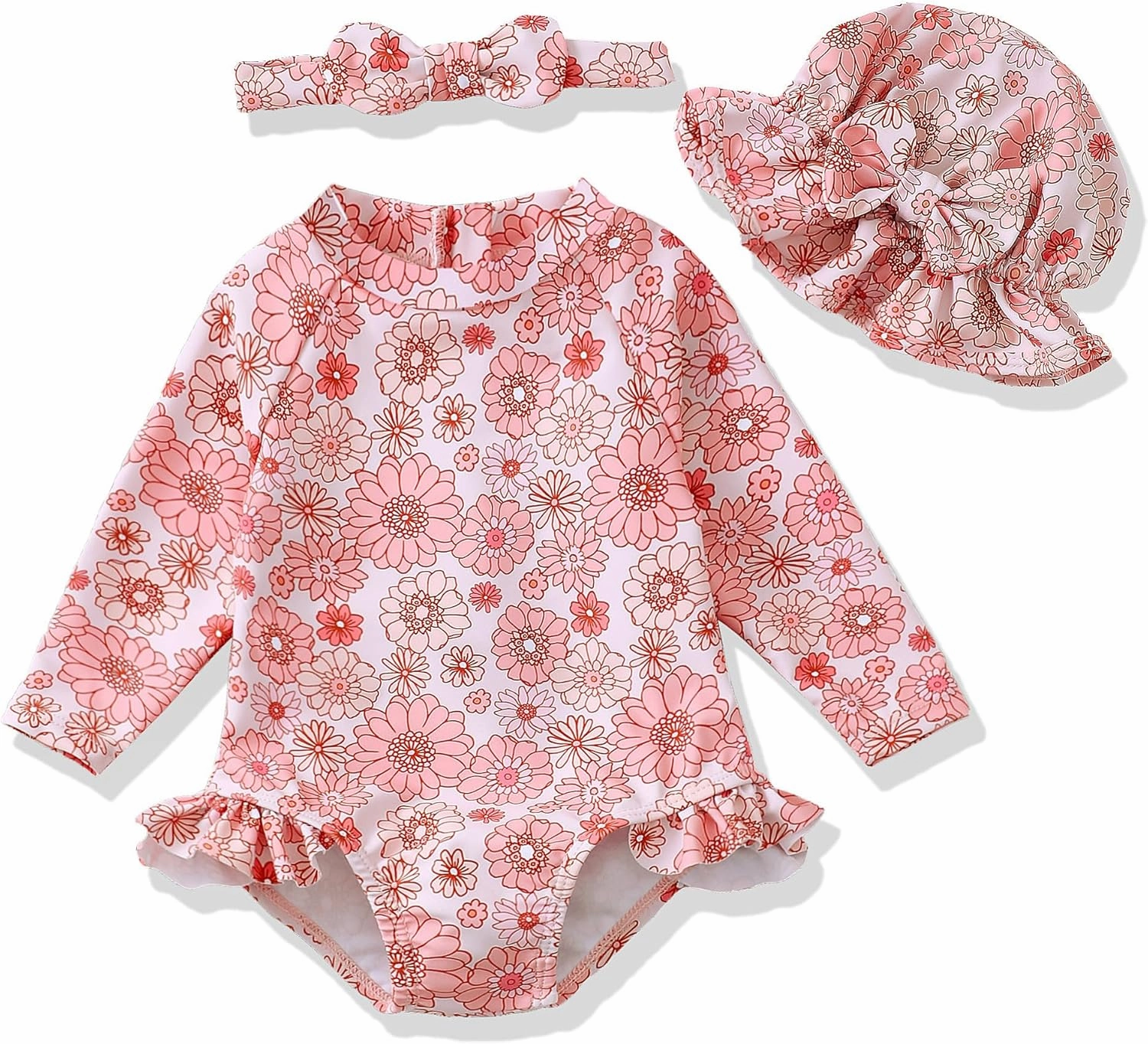 Baby Girl Swimsuit Long Sleeve One-Piece Swimwear with Hat Rash Guard Ruffle Floral Zipper Beach Infant Bathing Suit