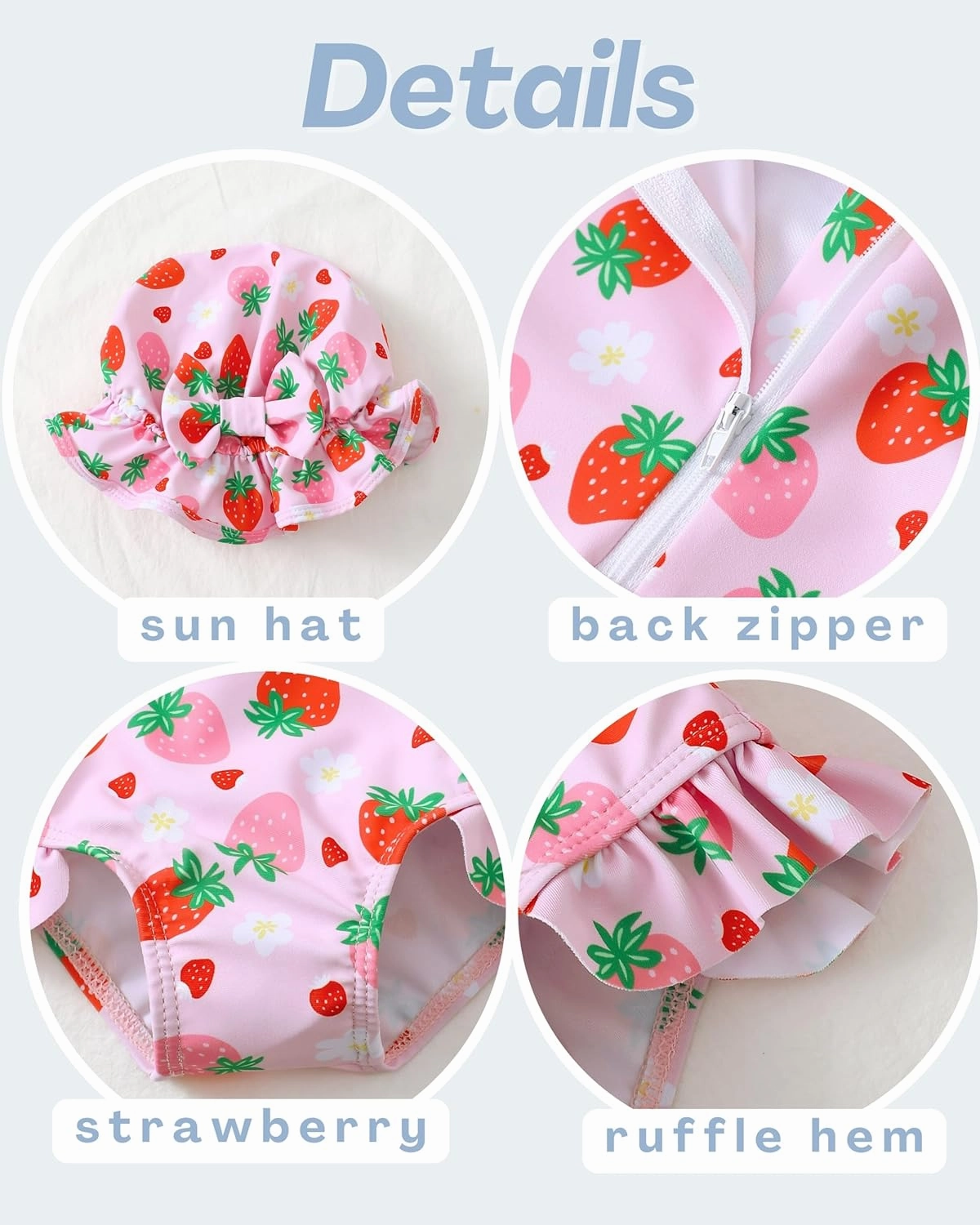 Baby Girl Swimsuit Long Sleeve One-Piece Swimwear with Hat Rash Guard Ruffle Floral Zipper Beach Infant Bathing Suit