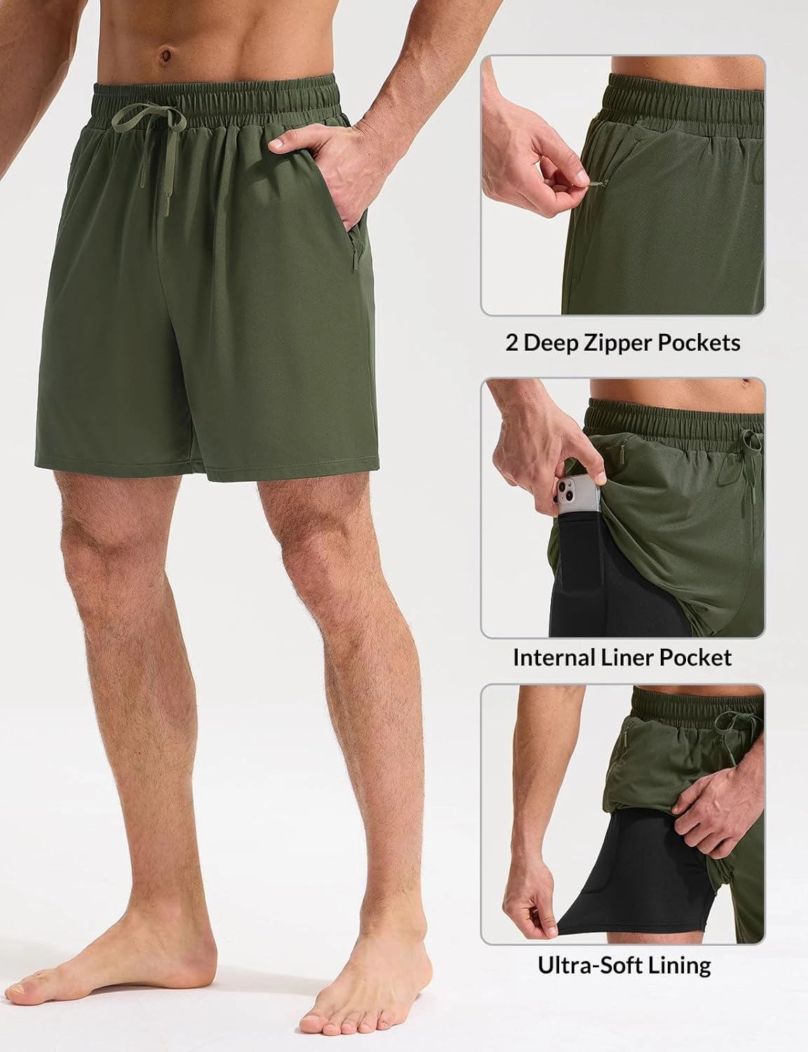 baleaf Mens Swim Trunks with Compression Liner 5 & 7 inch Quick Dry Bathing Suit Swim Shorts with Zippered Pockets