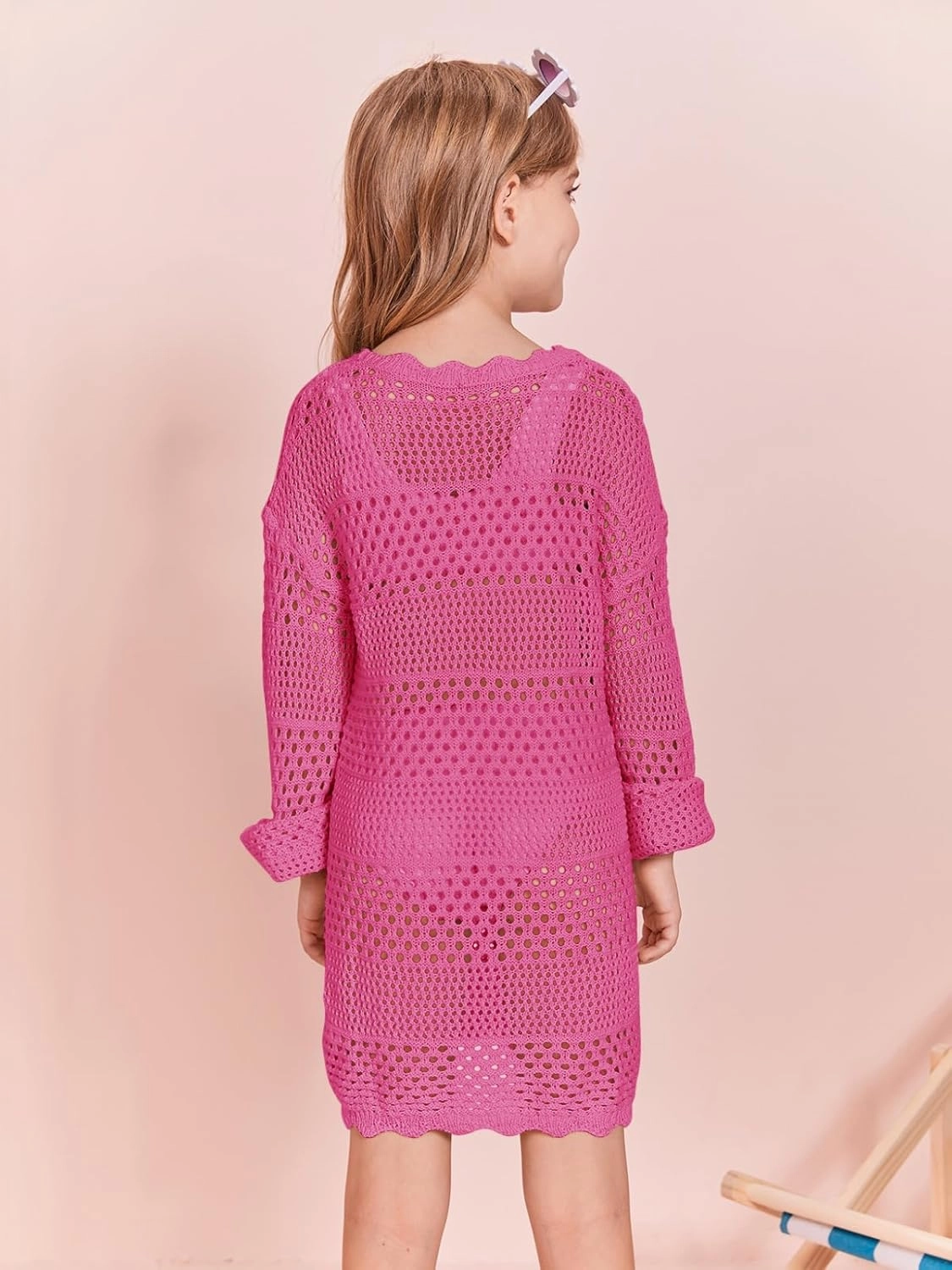 Batermoon Girls Crochet Long Sleeve Swimsuit Cover Up Kids Fashion Hollow Out Swimwear Beach Dress 5-14 Years