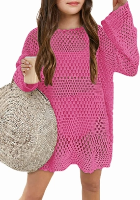 Batermoon Girls Crochet Long Sleeve Swimsuit Cover Up Kids Fashion Hollow Out Swimwear Beach Dress 5-14 Years
