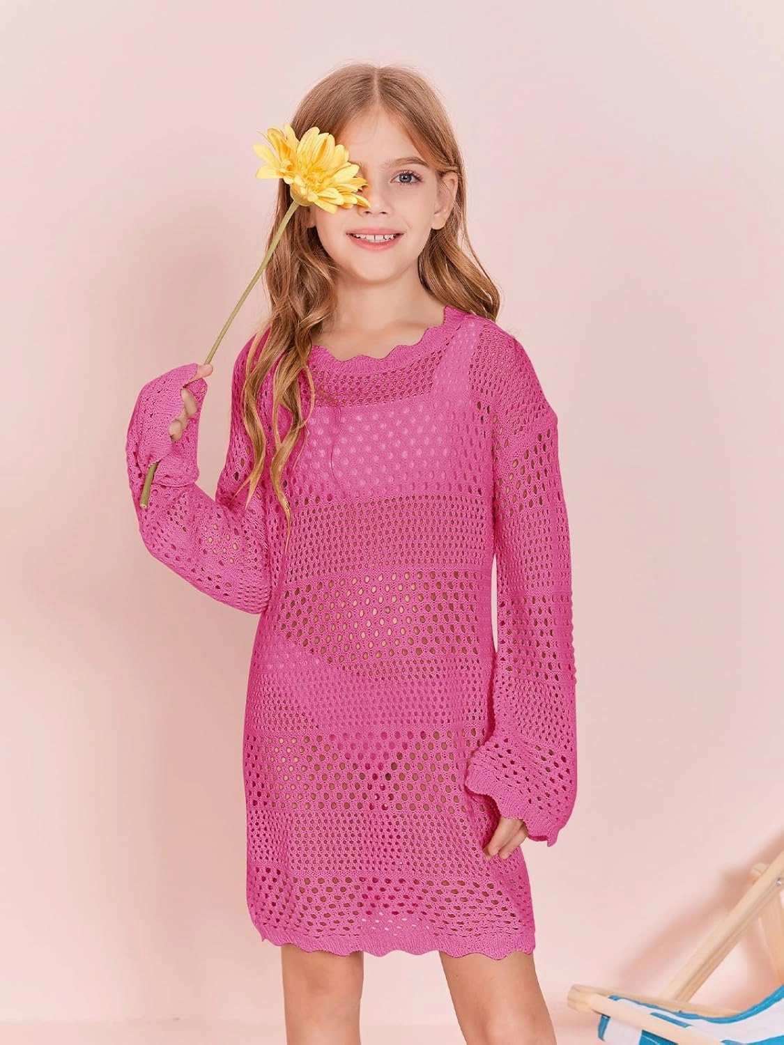 Batermoon Girls Crochet Long Sleeve Swimsuit Cover Up Kids Fashion Hollow Out Swimwear Beach Dress 5-14 Years