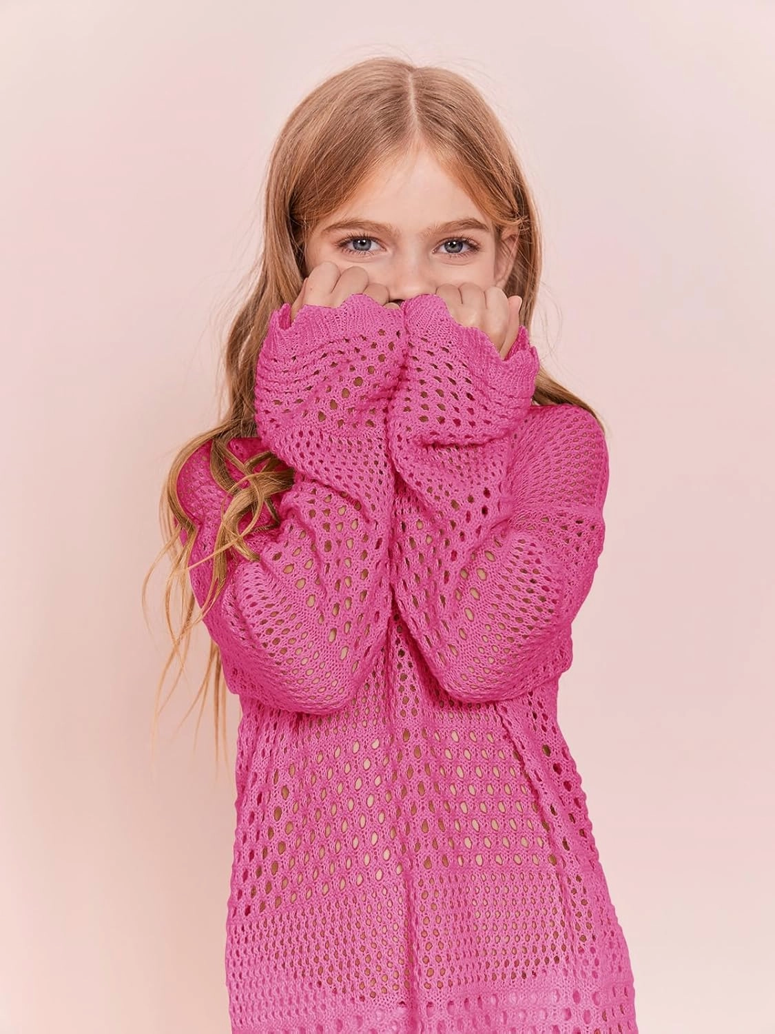 Batermoon Girls Crochet Long Sleeve Swimsuit Cover Up Kids Fashion Hollow Out Swimwear Beach Dress 5-14 Years