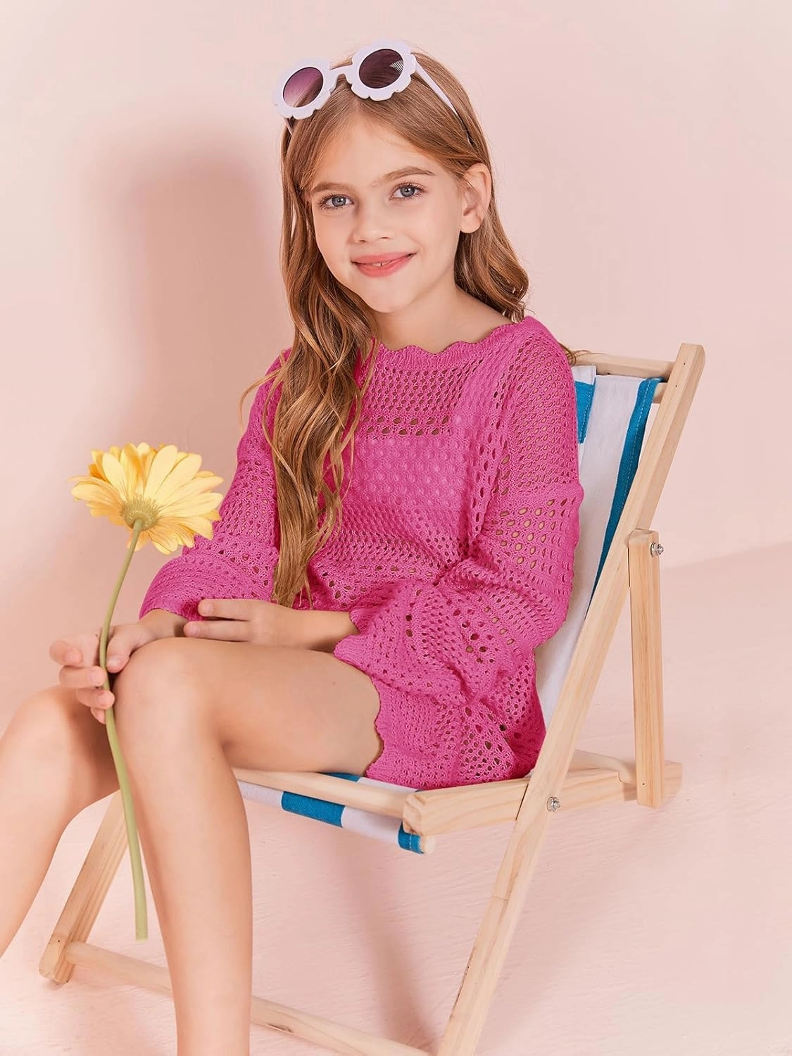 Batermoon Girls Crochet Long Sleeve Swimsuit Cover Up Kids Fashion Hollow Out Swimwear Beach Dress 5-14 Years