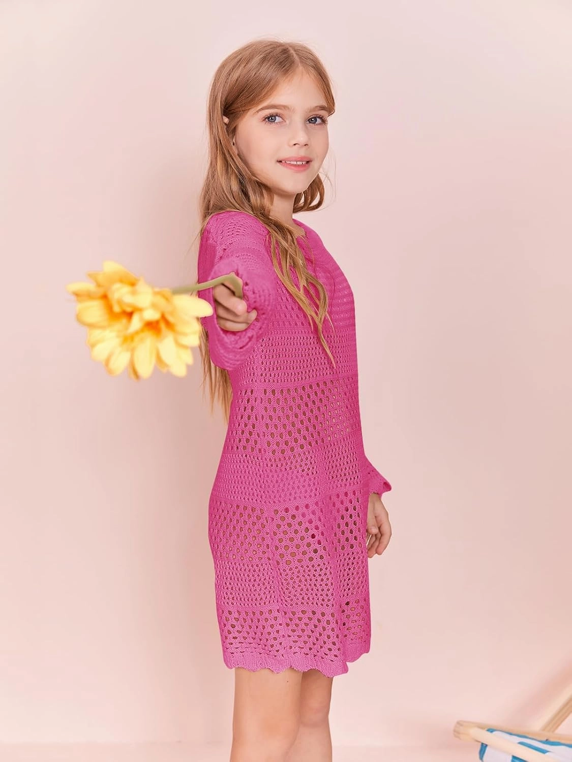 Batermoon Girls Crochet Long Sleeve Swimsuit Cover Up Kids Fashion Hollow Out Swimwear Beach Dress 5-14 Years
