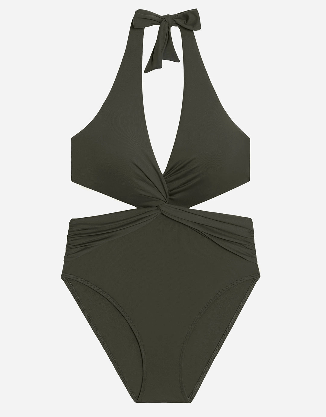 Beach Club Solids Cut Out Halter Swimsuit - Olive