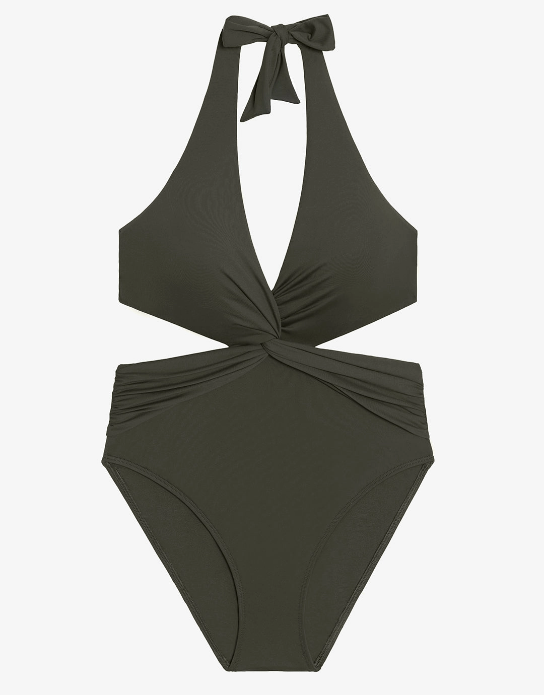 Beach Club Solids Cut Out Halter Swimsuit - Olive