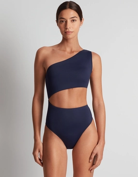Beach Club Solids One Shoulder Cutout Swimsuit - Dark Navy